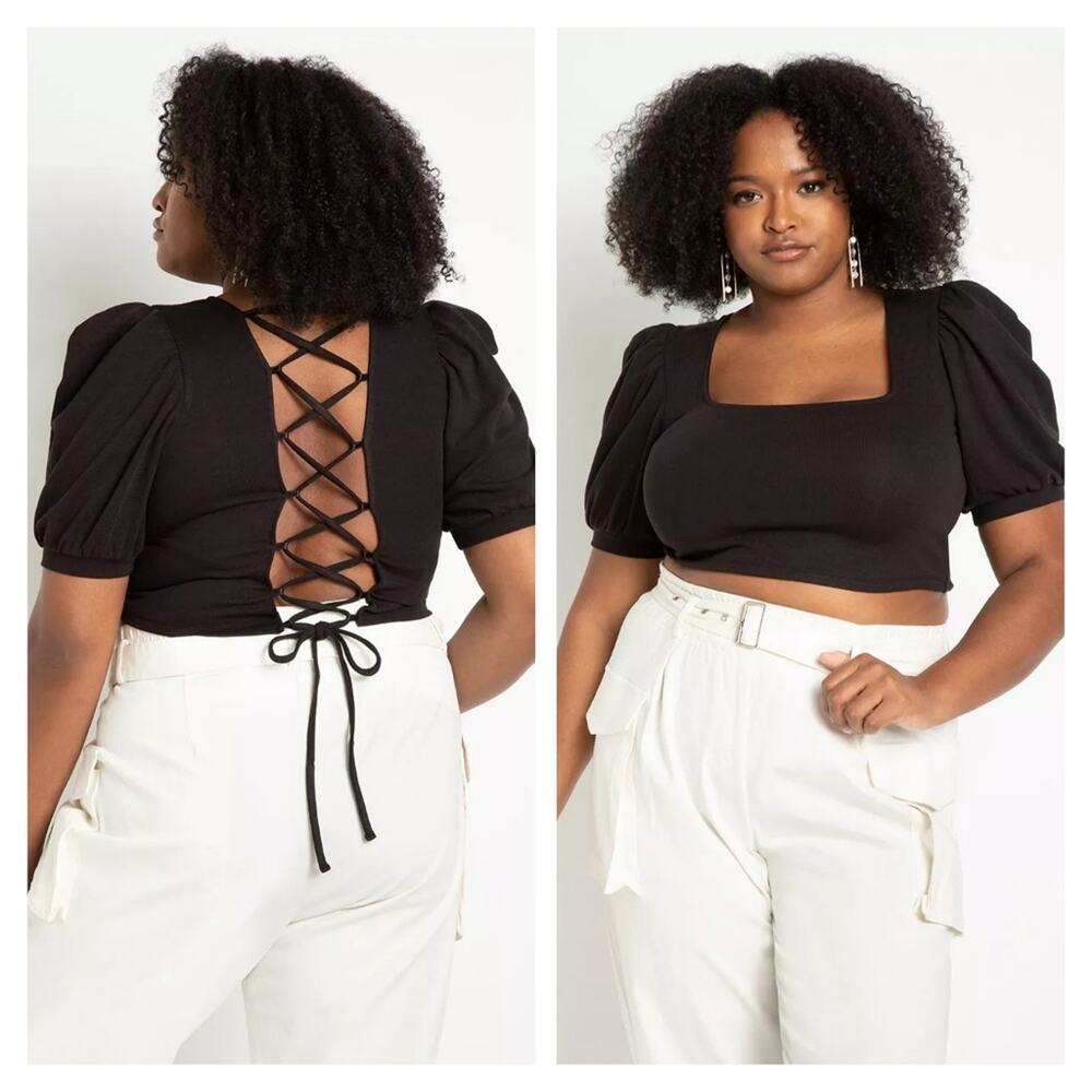 Eloquii puff sleeve black crop top, square neck, lace up back, size 22/24, NEW